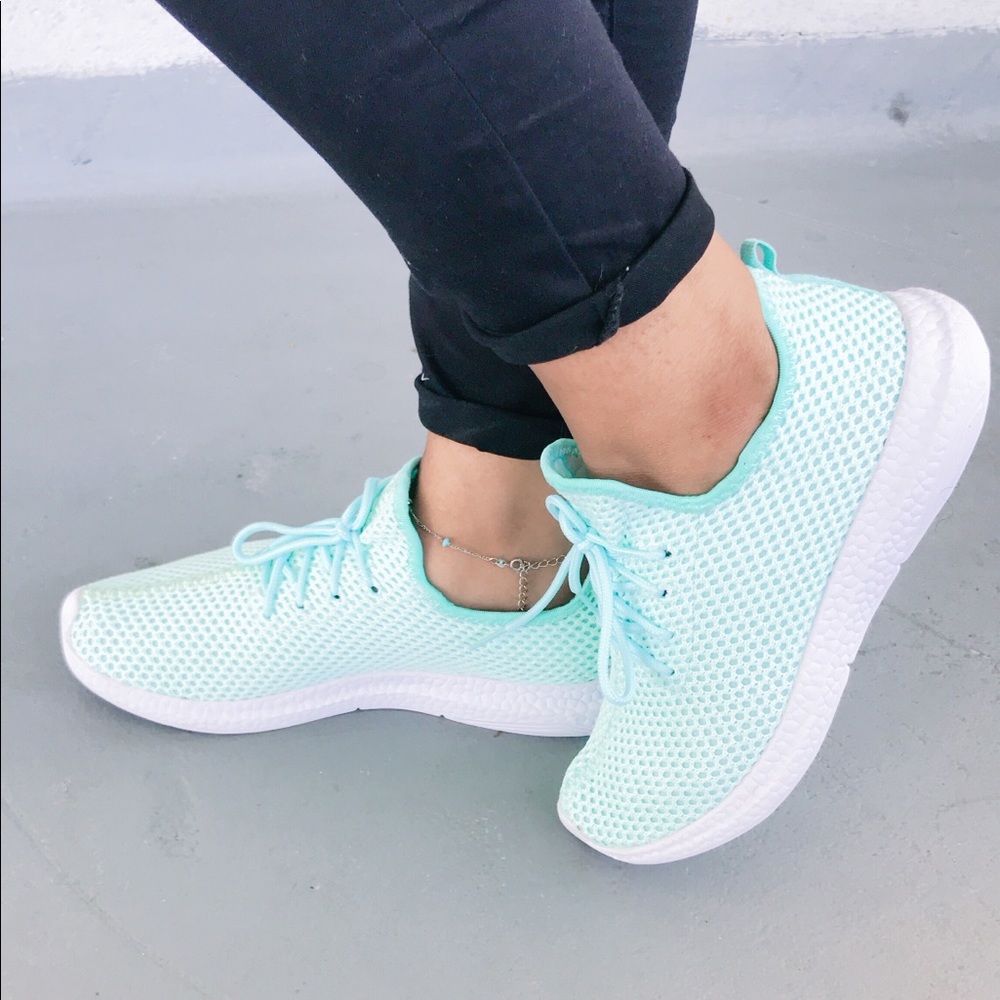 Ladies pull on light weight lace sneakers. Teal - Picture 2 of 5